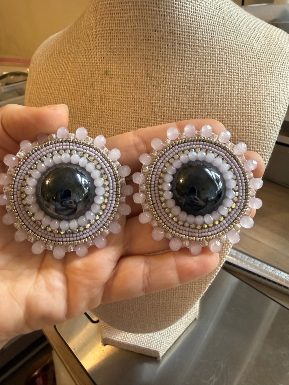 Handmade Lilac Beaded Statement Earrings with Hematite Center